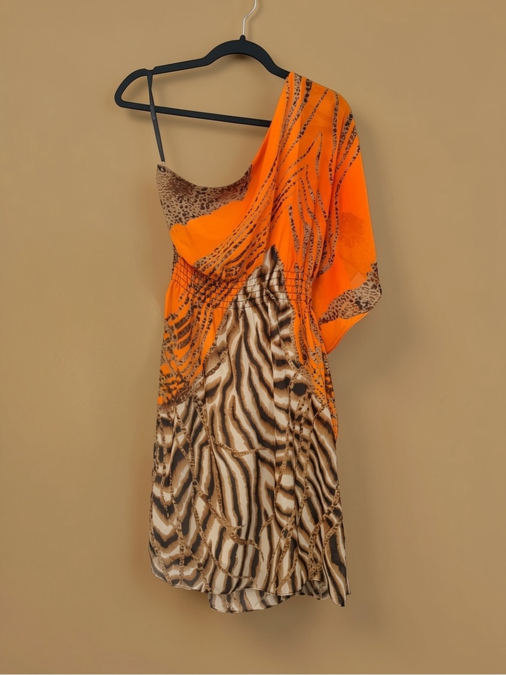 Bisou Bisou Y2K One-Shoulder Orange and Animal-Print Dress